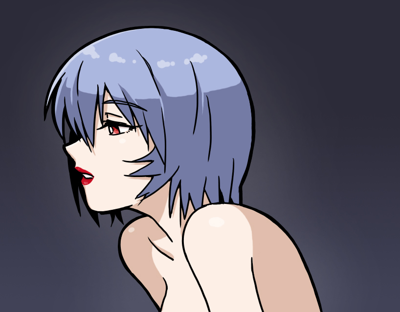 1girl ayanami_rei black_background blue_hair commentary eyebrows_visible_through_hair gradient gradient_background lipstick looking_to_the_side makeup neon_genesis_evangelion nude red_ribbon ribbon sasihmi short_hair tagme upper_body