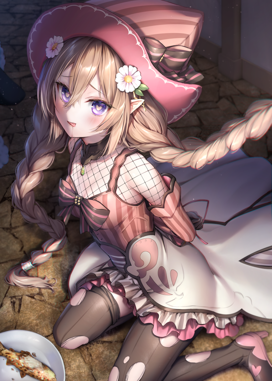 1girl black_legwear braid brown_hair collar fish fishnet_top fishnets flower food hair_flower hair_ornament heart heart-shaped_pupils highres long_hair looking_at_viewer original plate pointy_ears solo suyamori symbol-shaped_pupils thigh-highs torn_clothes torn_legwear twin_braids very_long_hair violet_eyes white_flower