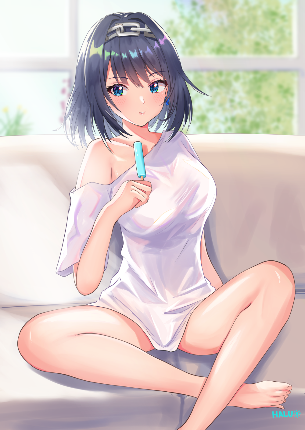 1girl artist_name blue_eyes blue_hair collarbone commentary couch day english_commentary eyebrows_visible_through_hair food hair_intakes head_chain highres holding holding_food hololive hololive_english indoors medium_hair no_pants oozora_haru ouro_kronii oversized_clothes oversized_shirt parted_lips popsicle shirt short_sleeves sitting solo t-shirt tree virtual_youtuber white_shirt window