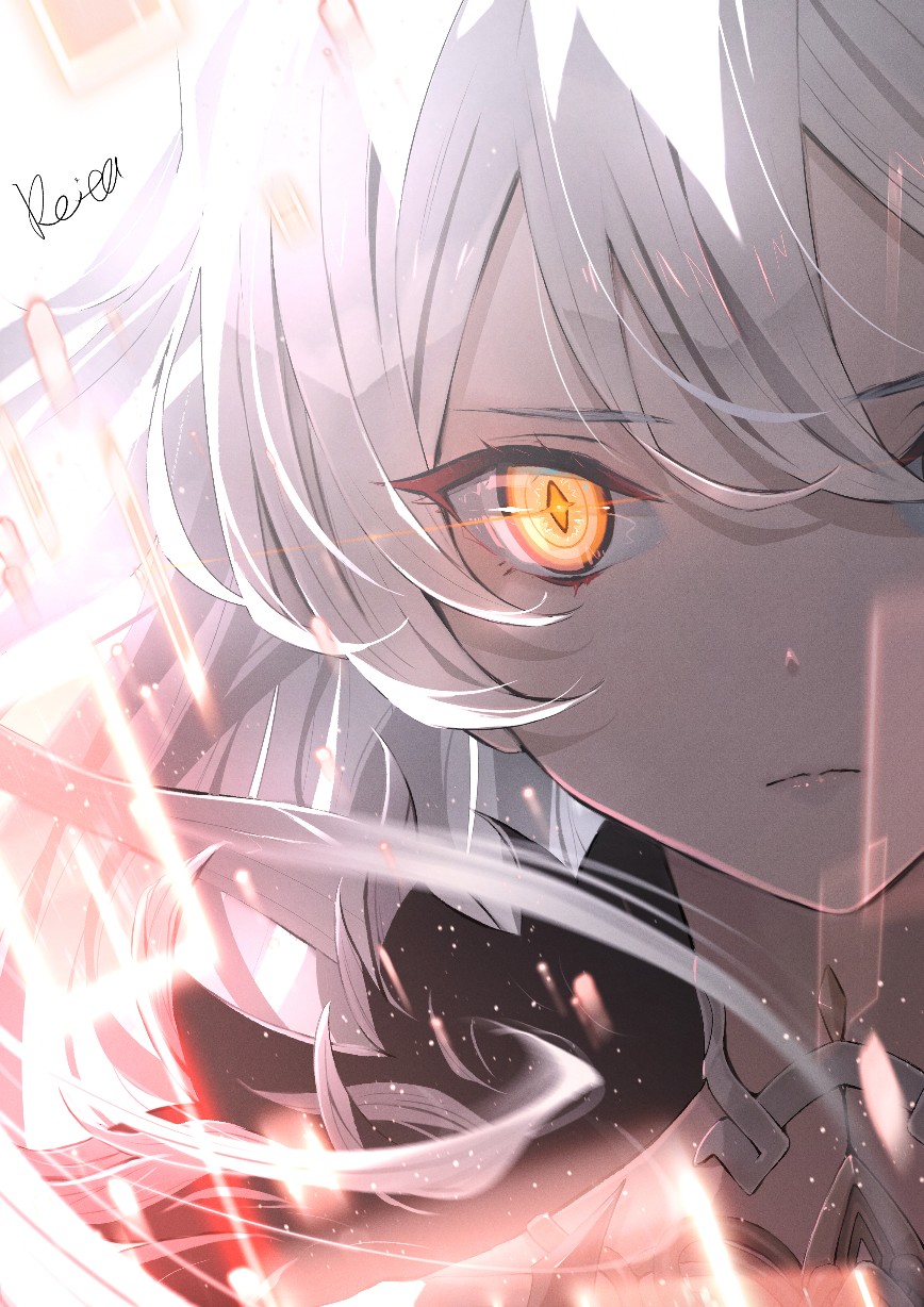 1girl artist_name bangs character_request closed_mouth commentary_request eyebrows_visible_through_hair genshin_impact hair_between_eyes highres hoshizaki_reita looking_at_viewer orange_eyes portrait signature solo unknown_god_(genshin_impact) white_hair
