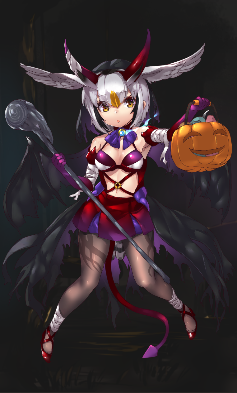 1girl :o alternate_costume bandages bangs bare_shoulders bird_tail bird_wings black_legwear blonde_hair breasts breasts_apart demon_tail elbow_gloves eyebrows_visible_through_hair fake_horns full_body gloves hair_between_eyes hairband halloween halloween_bucket halloween_costume head_wings highres horns kemono_friends legs_apart looking_at_viewer medium_breasts multicolored_hair navel northern_white-faced_owl_(kemono_friends) open_mouth pantyhose purple_gloves red_footwear shoes short_hair solo staff tadano_magu tail waist_cape white_hair wings yellow_eyes