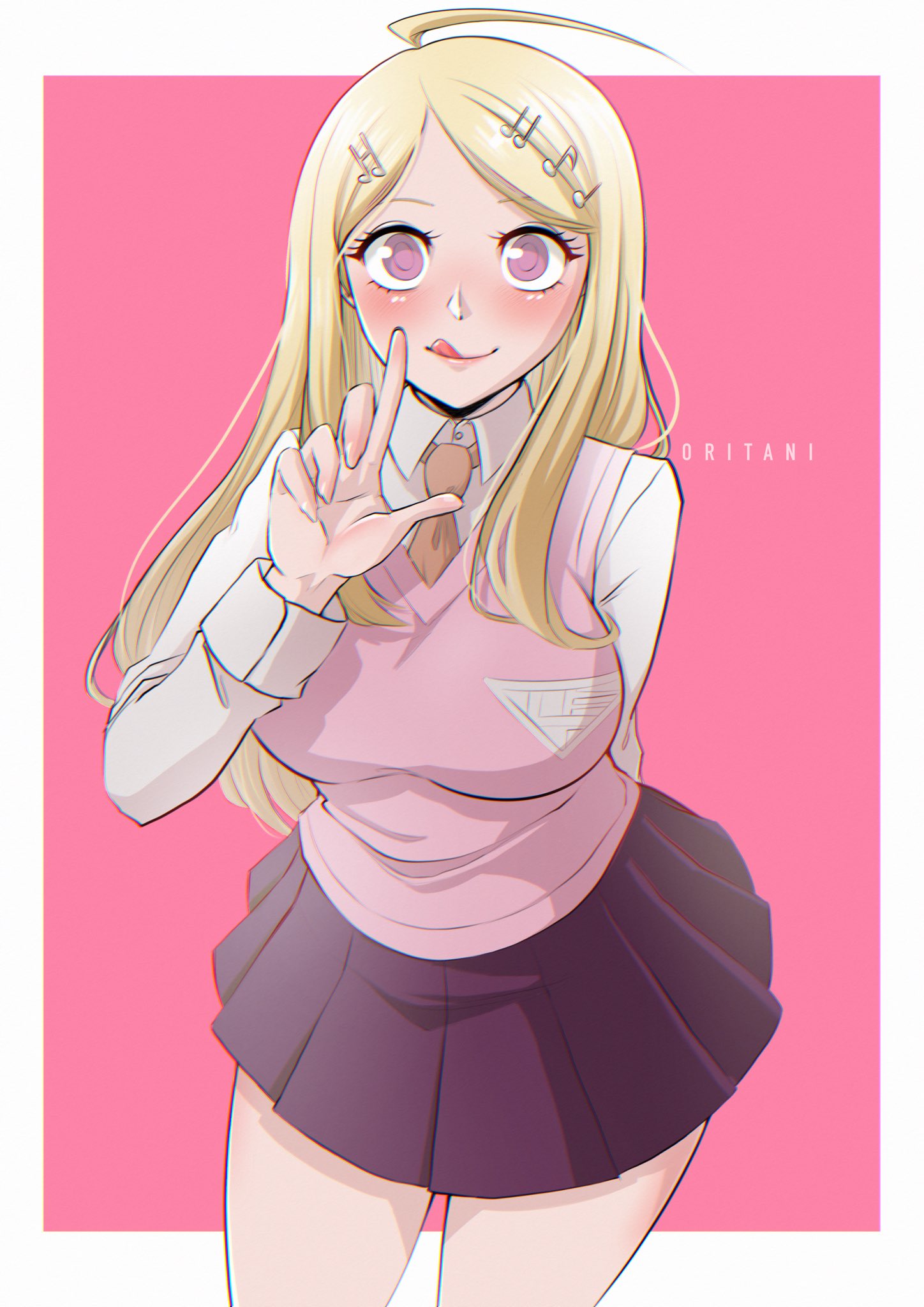 1girl :q ahoge akamatsu_kaede artist_name bangs black_skirt blush breasts collared_shirt cowboy_shot dangan_ronpa_(series) dangan_ronpa_v3:_killing_harmony hair_ornament hand_up highres index_finger_raised large_breasts leaning_forward long_hair long_sleeves musical_note_hair_ornament necktie ori_(oriorichannn) parted_bangs pink_background pink_eyes pleated_skirt shirt skirt solo tongue tongue_out white_shirt