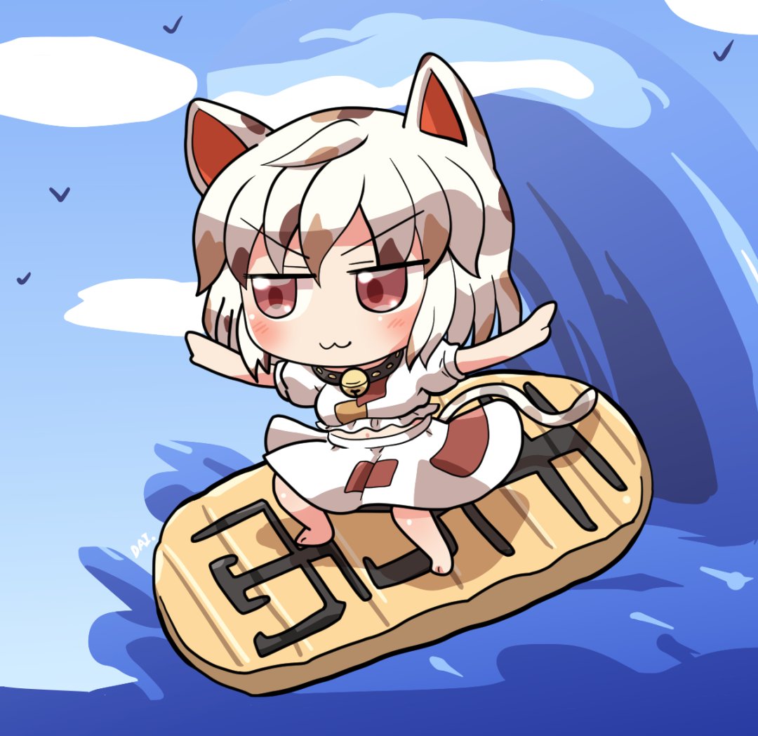 1girl :3 animal_ears bangs bare_legs barefoot bell bird blush brown_hair calico cat_ears cat_girl cat_tail chibi closed_mouth coin full_body goutokuji_mike jingle_bell multicolored_hair navel ocean orange_eyes outstretched_arms red_eyes rokugou_daisuke short_hair signature solo spread_arms streaked_hair surfboard surfing tail touhou v-shaped_eyebrows water waves white_hair