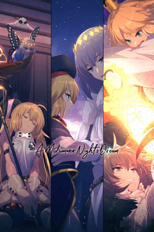1girl artoria_pendragon_(caster)_(fate) artoria_pendragon_(fate) bangs blue_cape blue_headwear breasts bug butterfly_wings cape closed_eyes diamond_hairband echo_(circa) fate/grand_order fate_(series) grey_hair grey_headwear holding holding_staff insect_wings long_hair long_sleeves moth multiple_views oberon_(fate) open_mouth short_hair sleeping small_breasts smile staff twintails wings