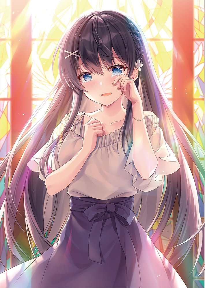 1girl bangs black_hair black_skirt blue_eyes blush braid collarbone crying crying_with_eyes_open flower frilled_shirt_collar frills hair_flower hair_ornament hairclip hand_up indoors kagachi_saku long_hair looking_at_viewer open_mouth original rubbing_eyes shirt short_sleeves skirt smile solo stained_glass standing sunlight tears white_shirt window wiping_tears