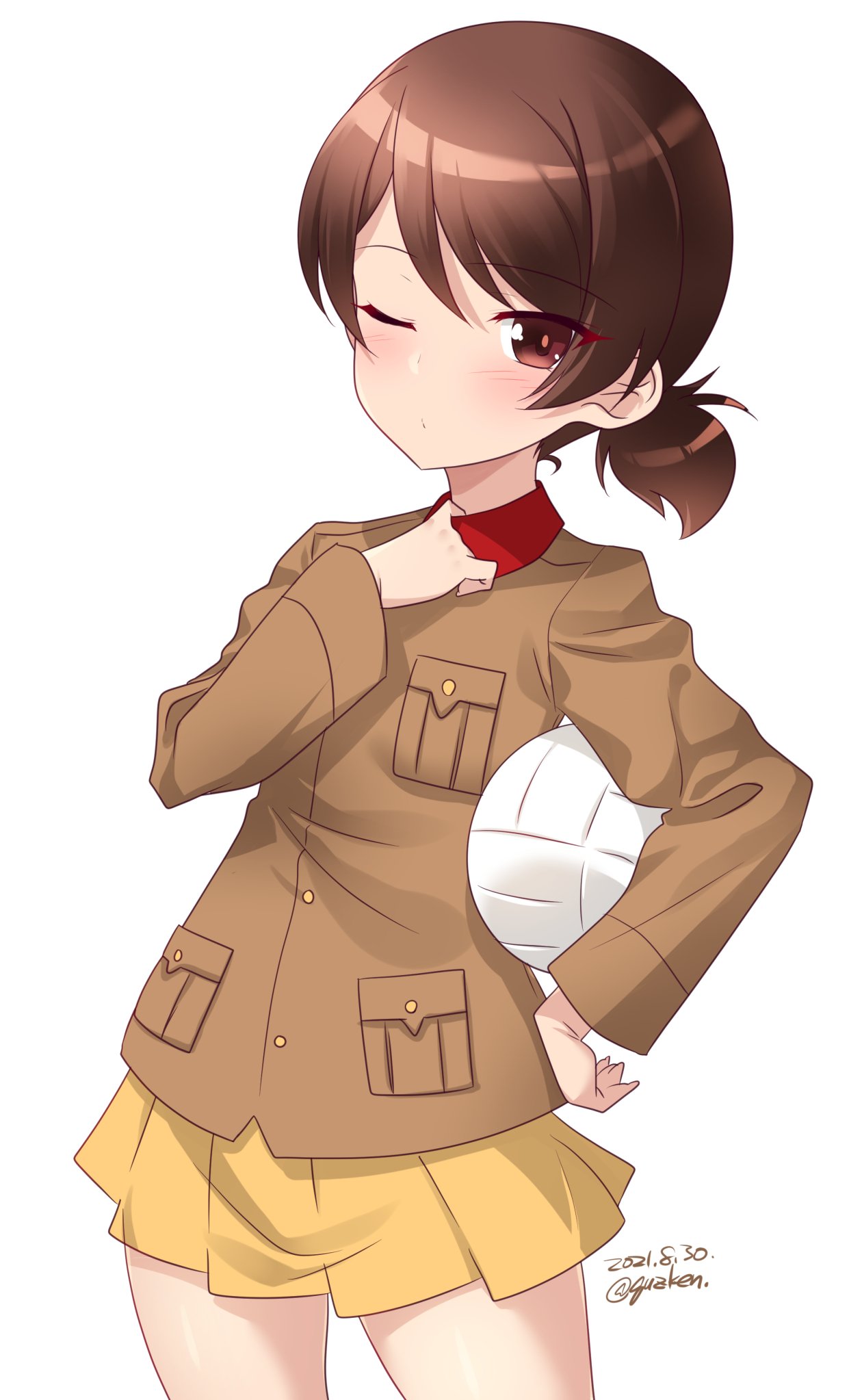 1girl artist_name blush brown_eyes brown_hair chi-hatan_military_uniform closed_mouth dated eyebrows_visible_through_hair girls_und_panzer hand_on_hip highres kawanishi_shinobu kuzuryuu_kennosuke looking_at_viewer military military_uniform miniskirt one_eye_closed pleated_skirt ponytail shiny shiny_hair short_hair simple_background skirt solo standing uniform volleyball white_background yellow_skirt