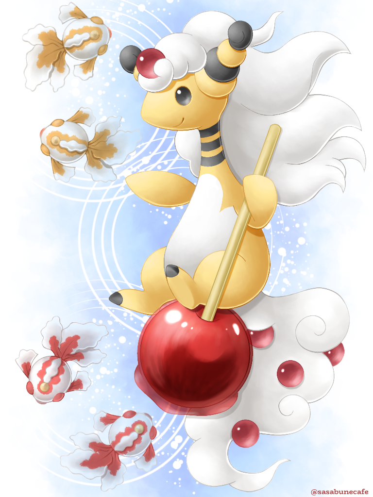 ampharos artist_name candy_apple closed_mouth commentary_request fish food gen_1_pokemon gen_2_pokemon goldeen grey_eyes holding holding_stick mega_ampharos mega_pokemon no_humans pokemon pokemon_(creature) ripples sasabunecafe smile stick