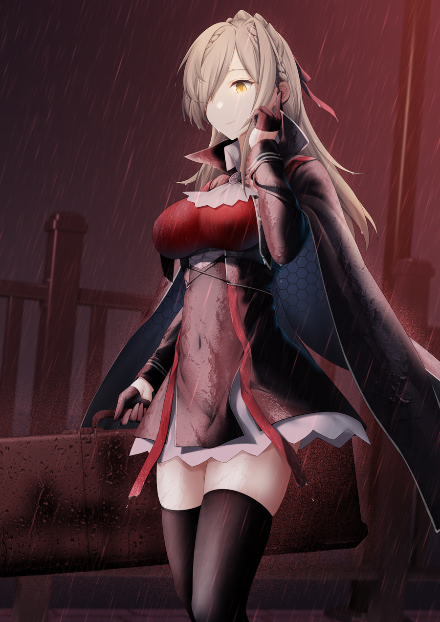 1girl blonde_hair braid breasts briefcase cape chinese_commentary collared_cape frilled_skirt frills gloves glowing glowing_eye hair_over_one_eye half_gloves highres holding holding_briefcase index_finger_raised lamp long_hair long_sleeves navel night railing rain skirt smile solo standing thigh-highs warship_girls_r yellow_eyes zhixiang_zhi