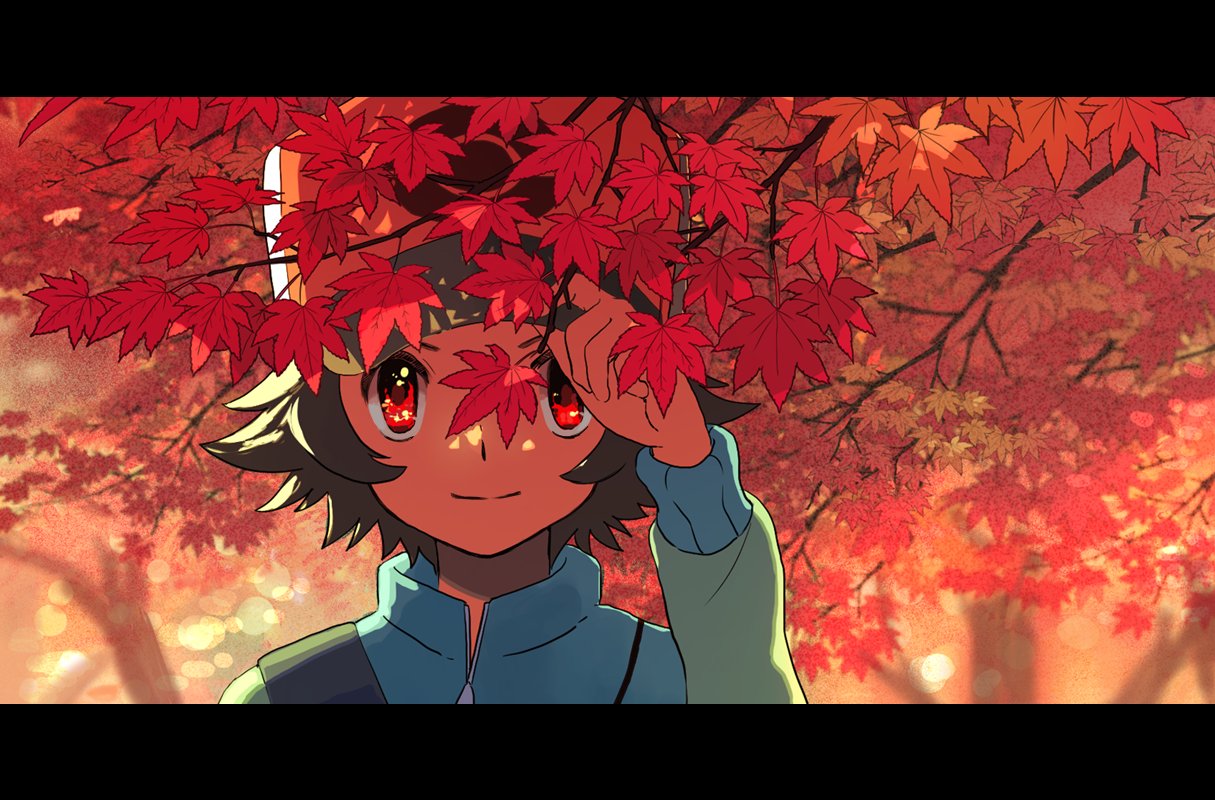 1boy aoaomzir autumn autumn_leaves baseball_cap blue_jacket brown_hair closed_mouth commentary_request day hand_up hat hilbert_(pokemon) jacket letterboxed long_sleeves male_focus outdoors poke_ball_print pokemon pokemon_(game) pokemon_bw red_eyes short_hair smile solo strap tree upper_body zipper_pull_tab