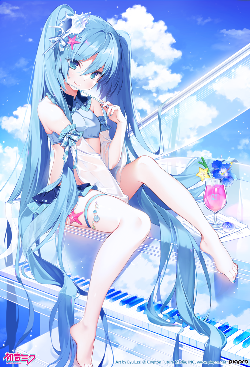 1girl bare_shoulders barefoot baton_(instrument) between_legs black_skirt blue_eyes blue_hair blue_shirt blue_sky blue_theme breasts byulzzi cocktail collared_shirt crop_top detached_sleeves grand_piano hair_ornament hatsune_miku highres holding instrument long_hair looking_at_viewer midriff miniskirt piano revealing_clothes see-through_sleeves shirt sitting skirt sky small_breasts smile solo thigh_strap thighs twintails very_long_hair vocaloid