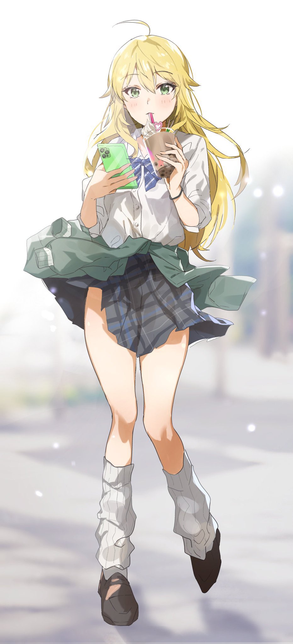 1girl ahoge black_footwear blonde_hair blue_bow blue_skirt blurry blurry_background bow bracelet bubble_tea clothes_around_waist collared_shirt cup drink drinking drinking_straw drinking_straw_in_mouth eyebrows_visible_through_hair green_eyes green_jacket highres holding holding_cup holding_drink hoshii_miki idolmaster idolmaster_(classic) jacket jacket_around_waist jewelry katsu_(kana) long_hair long_sleeves looking_at_viewer loose_socks plaid plaid_skirt school_uniform shirt shoes skirt sleeves_rolled_up solo striped striped_bow white_shirt