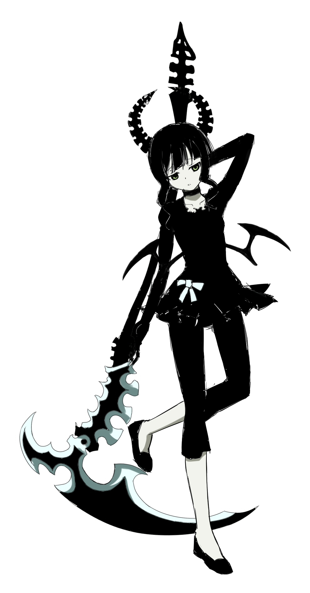 1girl arm_up black_hair black_rock_shooter black_theme choker clothing_request collarbone commentary dead_master full_body furrowed_brow green_eyes highres jitome lam looking_ahead looking_down over_shoulder scythe simple_background solo standing standing_on_one_leg weapon weapon_over_shoulder white_background