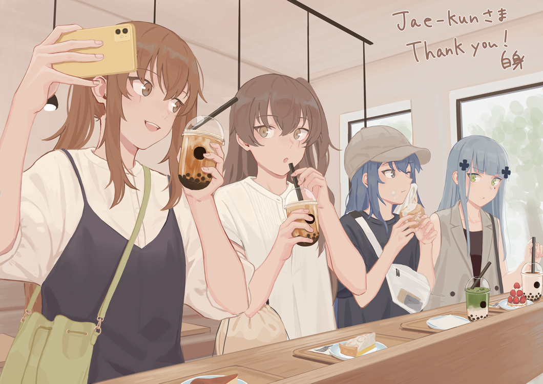 404_(girls_frontline) 4girls alternate_costume bag baseball_cap bubble_tea cafe cake cake_slice cellphone commentary_request cup disposable_cup drinking drinking_straw eating english_text fanny_pack food g11_(girls_frontline) girls_frontline handbag hanging_light hat hk416_(girls_frontline) holding holding_food lamp long_hair multiple_girls phone pie plate scar scar_across_eye selfie shirt side_ponytail sleeveless sleeveless_jacket srm463 t-shirt towel translation_request twintails ump45_(girls_frontline) ump9_(girls_frontline)