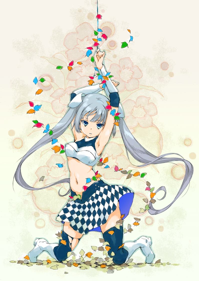 1girl abstract_background arm_guards armor armpits arms_up bangs black_legwear blue_eyes blue_skirt boots breastplate checkered checkered_skirt closed_mouth commentary dot_nose floral_background full_body grey_hair hair_ornament hands_above_head hosoi_mieko knee_boots kneeling leaf leaves_in_wind legs_apart long_hair looking_at_viewer midriff miniskirt miss_monochrome miss_monochrome_(character) navel skirt solo thigh-highs torn_clothes torn_legwear twintails two-sided_fabric two-sided_skirt vambraces very_long_hair white_footwear zettai_ryouiki