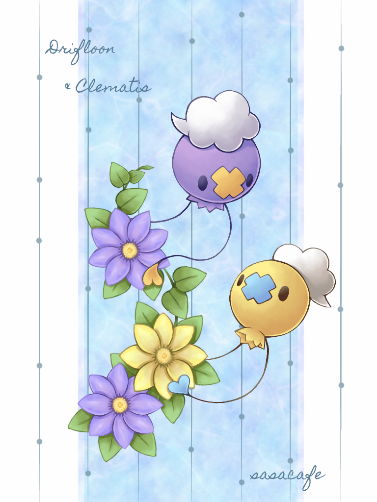 alternate_color black_eyes character_name commentary_request drifloon eye_contact flower gen_4_pokemon leaf looking_at_another no_humans pokemon pokemon_(creature) purple_flower sasabunecafe shiny_pokemon signature yellow_flower