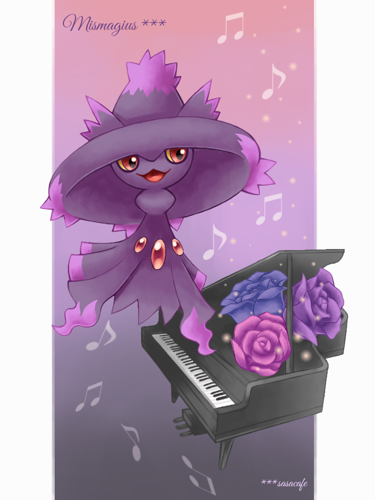 character_name colored_sclera commentary_request flower gen_4_pokemon instrument mismagius musical_note no_humans open_mouth piano pokemon pokemon_(creature) purple_flower red_eyes sasabunecafe signature smile solo tongue yellow_sclera