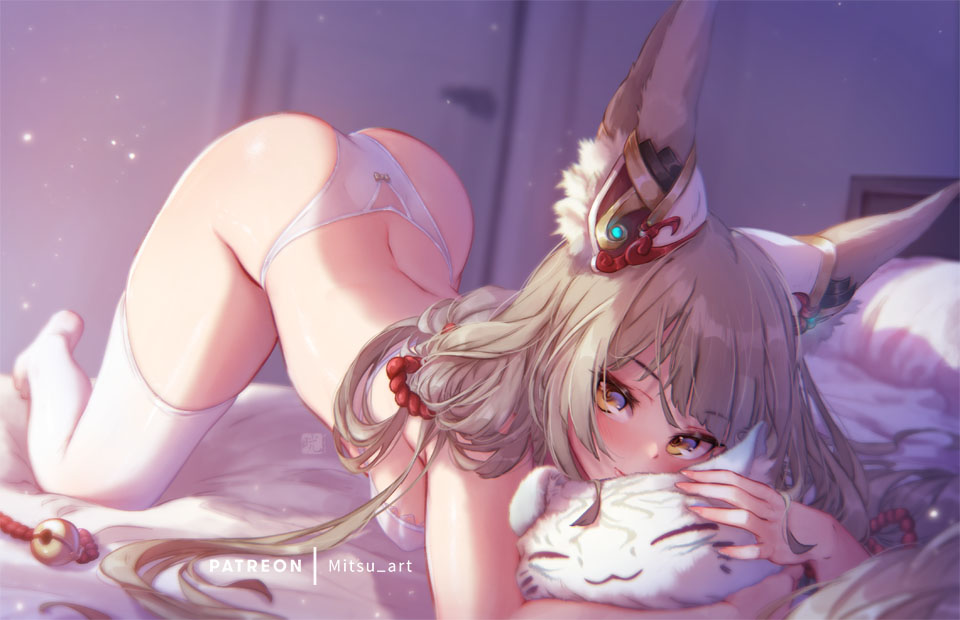 1girl :o all_fours animal_ears ass bangs bare_hips bra breasts ear_ornament grey_hair hug kneeling looking_at_viewer mitsu_(mitsu_art) nia_(xenoblade) panties pillow pillow_hug solo thigh-highs top-down_bottom-up underwear white_bra white_legwear white_panties xenoblade_chronicles_(series) xenoblade_chronicles_2 yellow_eyes