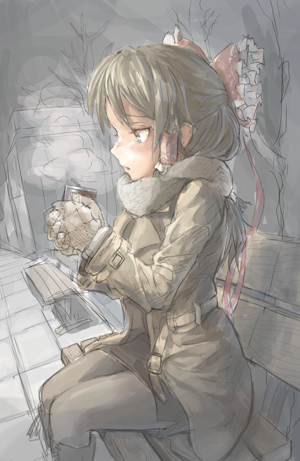 1girl bench black_hair black_legwear black_skirt blush bow brown_coat brown_mittens can canned_coffee coat commentary_request cookie_(touhou) enpera feet_out_of_frame frilled_bow frills grey_scarf hair_bow hair_tubes hakurei_reimu highres long_hair long_sleeves mittens office_lady open_mouth pantyhose pencil_skirt red_bow sananana_(cookie) scarf sitting skirt solo touhou yellow_eyes yma