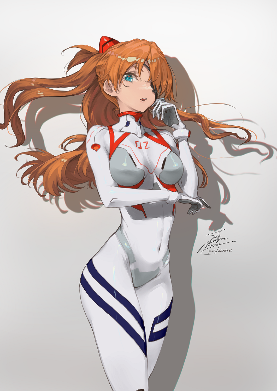 1girl blue_eyes breasts commentary covered_navel evangelion:_3.0+1.0_thrice_upon_a_time eyepatch fadingz gloves grey_background highres light_smile long_hair looking_at_viewer medium_breasts neon_genesis_evangelion orange_hair parted_lips pixiv_id plugsuit rebuild_of_evangelion revision signature solo souryuu_asuka_langley standing thighs white_gloves