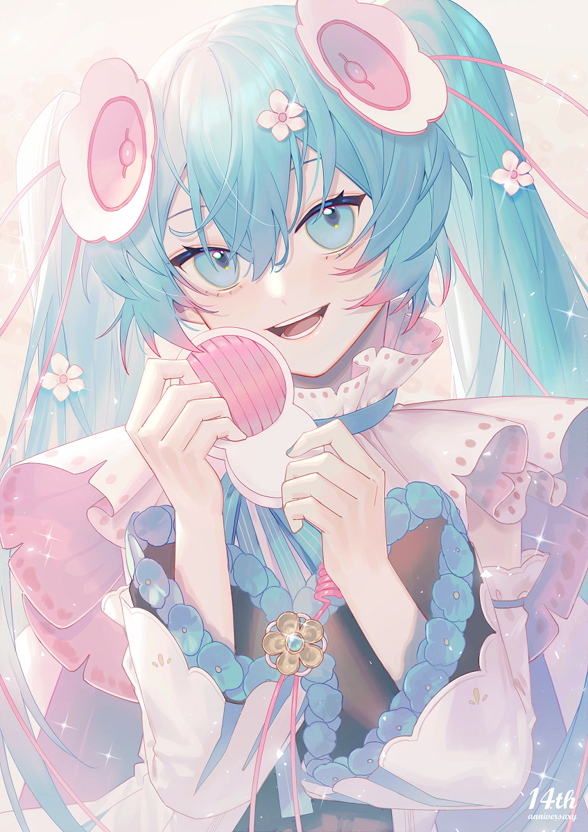 1girl :d anniversary bangs blue_eyes blue_hair brown_background commentary eyebrows_behind_hair flower hair_between_eyes hair_flower hair_ornament hands_up hatsune_miku head_tilt highres holding long_hair long_sleeves open_mouth smile solo symbol-only_commentary twintails upper_body upper_teeth vocaloid wenz white_flower white_sleeves wide_sleeves