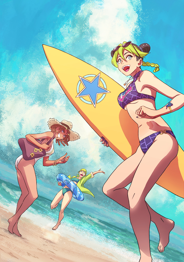 3girls adapted_costume bag bare_legs barefoot beach bikini black_hair braid braided_ponytail brown_hair double_bun ermes_costello eyewear_on_head foo_fighters green_hair green_shirt hair_between_eyes hairlocs hat holding holding_surfboard innertube jojo_no_kimyou_na_bouken kujo_jolyne multicolored_hair multiple_girls navel okazaki_johnny one-piece_swimsuit open_mouth outdoors shirt shoulder_bag smile standing stone_ocean straw_hat sunglasses surfboard swimsuit thumbs_up two-tone_hair white_swimsuit