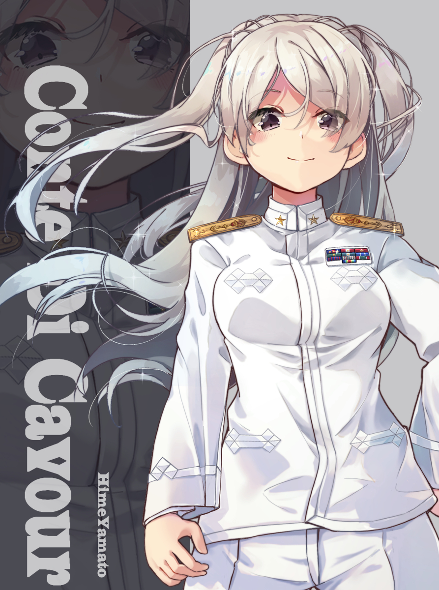 1girl alternate_costume breasts character_name conte_di_cavour_(kancolle) grey_eyes grey_hair highres himeyamato jacket kantai_collection large_breasts long_hair long_sleeves military military_uniform pants solo two_side_up uniform white_jacket white_pants white_uniform