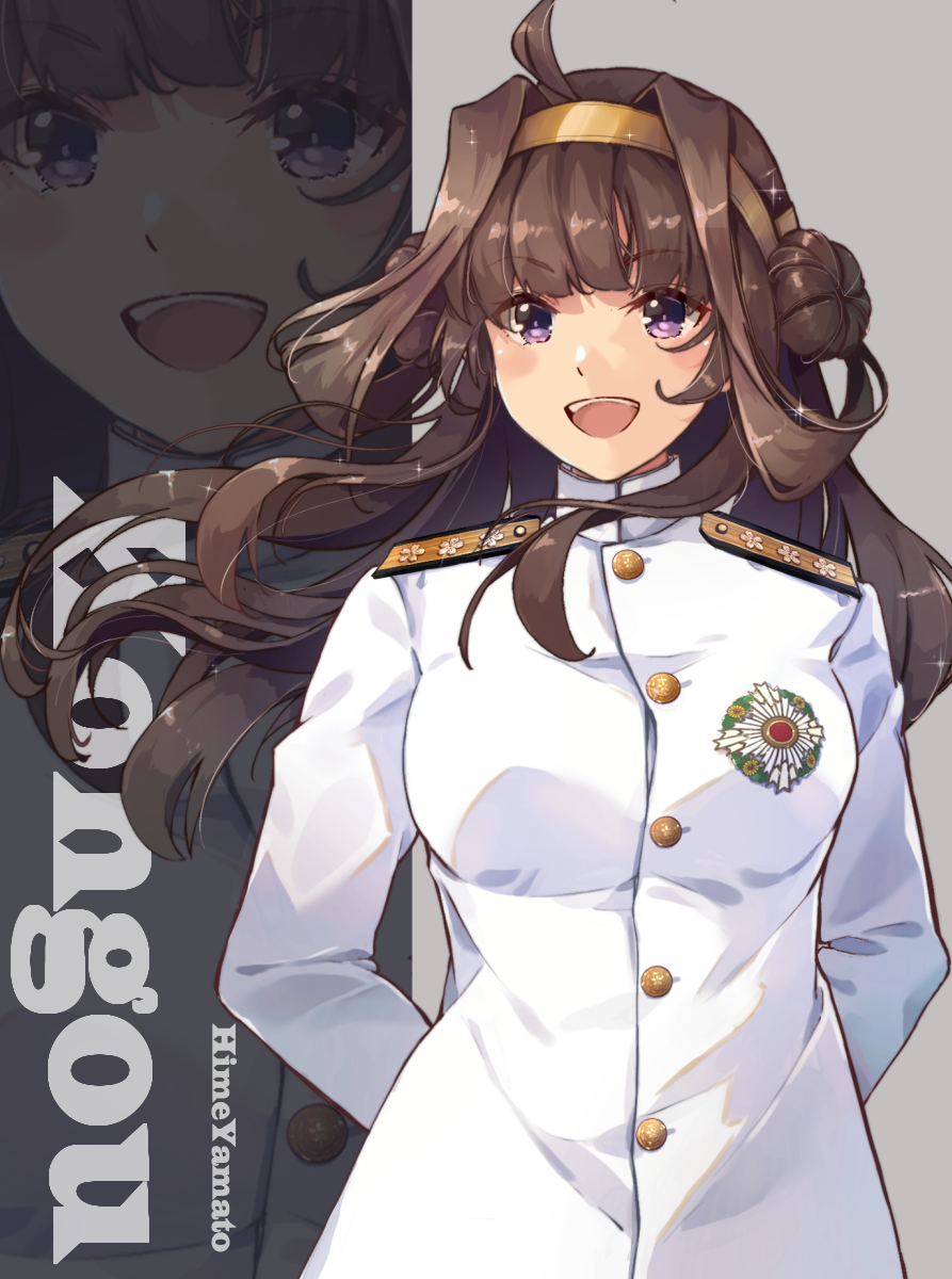 1girl ahoge alternate_costume breasts brown_hair character_name double_bun hairband highres himeyamato jacket kantai_collection kongou_(kancolle) large_breasts long_hair long_sleeves military military_uniform pants solo two_side_up uniform violet_eyes white_jacket white_pants white_uniform