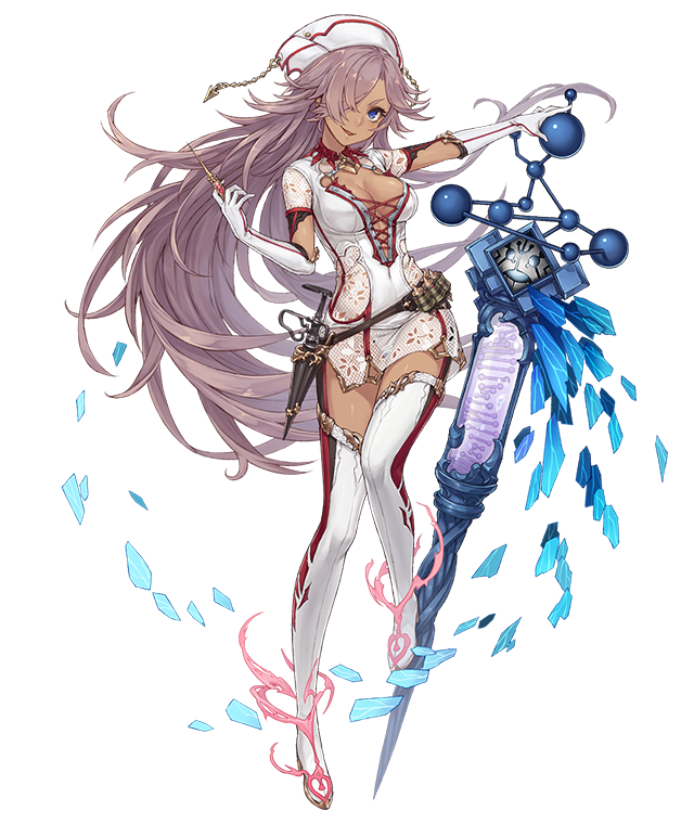 1girl blue_eyes boots breasts cinderella_(sinoalice) dark_skin elbow_gloves full_body gloves hair_over_one_eye hat ji_no large_breasts long_hair looking_at_viewer nurse nurse_cap official_art purple_hair sinoalice solo syringe thigh-highs thigh_boots transparent_background very_long_hair white_gloves white_legwear