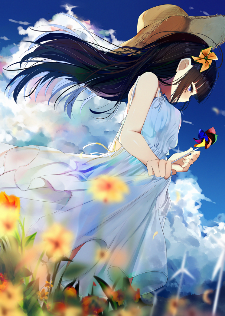 1girl bangs black_hair blunt_bangs blurry blurry_background blurry_foreground clouds cloudy_sky commentary_request day dress dress_grab feet_out_of_frame flower hair_ornament hat holding_pinwheel kamizaki_hibana long_dress long_hair original outdoors pinwheel sidelocks sky sleeveless solo straw_hat sundress violet_eyes white_dress windmill