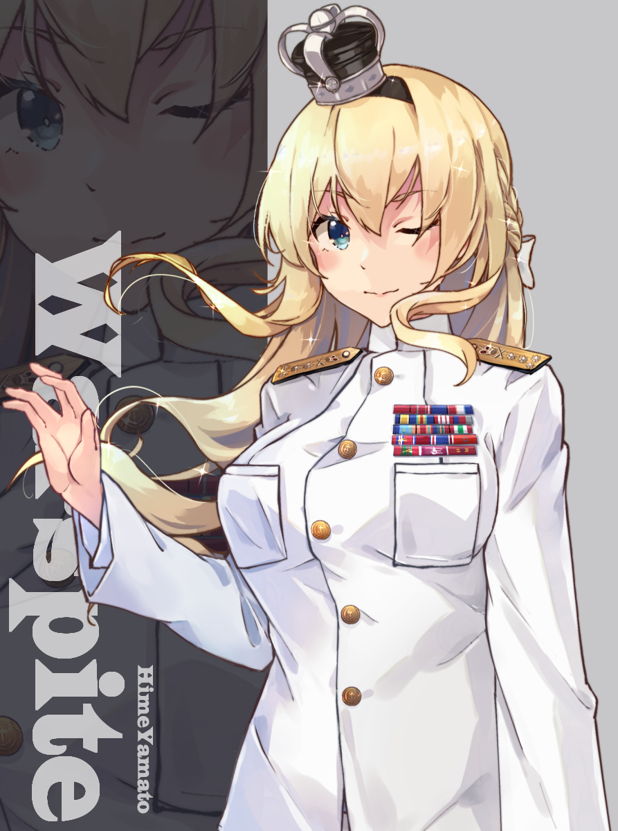 1girl alternate_costume blonde_hair blue_eyes braid breast_pocket breasts character_name crown french_braid highres himeyamato jacket kantai_collection large_breasts long_hair long_sleeves military military_uniform mini_crown one_eye_closed pants pocket solo two_side_up uniform warspite_(kancolle) white_jacket white_pants white_uniform