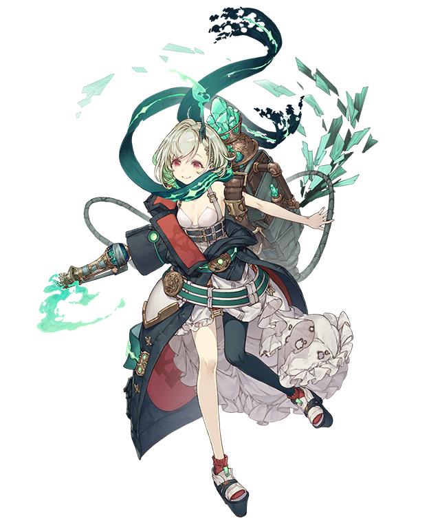 1girl backpack bag breasts flamethrower frills full_body green_hair horns jacket ji_no little_match_girl_(sinoalice) looking_at_viewer off_shoulder official_art platform_footwear red_eyes scarf short_hair single_horn single_leg_pantyhose sinoalice small_breasts smile solo transparent_background weapon