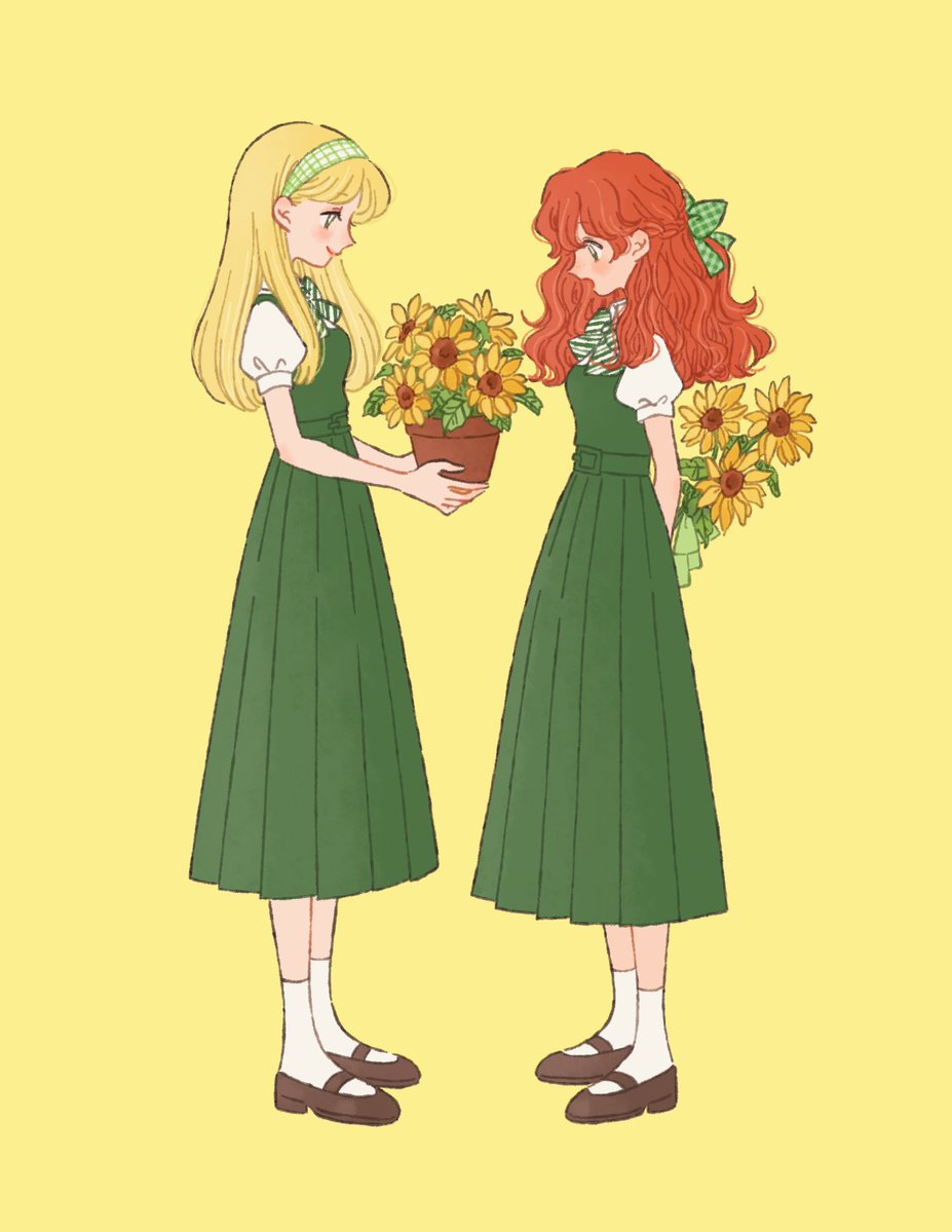 2girls :o behind_back belt blonde_hair blush bouquet bow bowtie breasts color_coordination curly_hair dress flower flower_pot gift green_dress hair_bow headband layered_dress long_dress mary_janes matching_outfit multiple_girls original puffy_short_sleeves puffy_sleeves redhead rikuwo shirt shirt_under_dress shoes short_sleeves small_breasts socks sunflower undershirt white_shirt yellow_background yuri