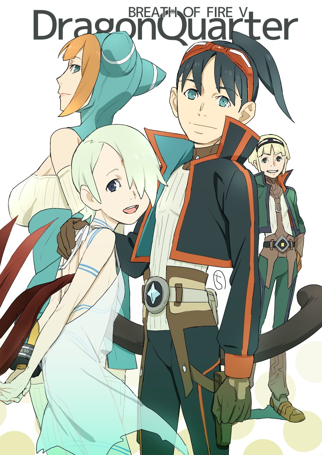 2boys 2girls animal_hood black_hair blonde_hair bosch_1/64 breasts breath_of_fire breath_of_fire_v cat_hood closed_mouth dress facial_mark full-body_tattoo gloves green_hair hair_over_one_eye highres hood kobayashi_chizuru lin_(breath_of_fire) looking_at_viewer multiple_boys multiple_girls nina_(breath_of_fire_v) open_mouth orange_hair red_wings ryuu_(breath_of_fire_v) see-through simple_background smile tail tattoo thigh-highs white_background white_dress wings