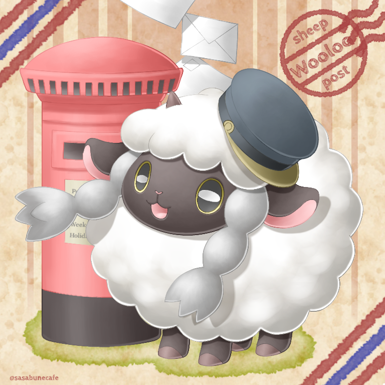 :d character_name commentary_request envelope gen_8_pokemon grey_headwear hatted_pokemon mailbox_(incoming_mail) no_humans open_mouth pokemon pokemon_(creature) sasabunecafe sheep smile solo standing tongue wooloo