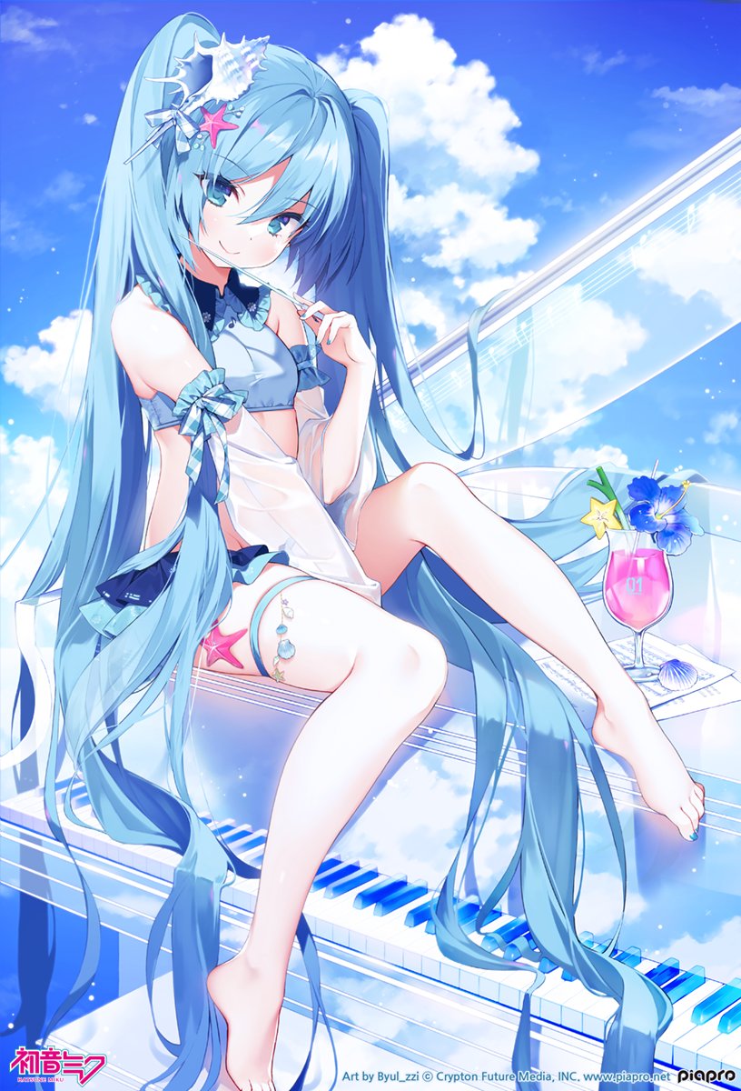 1girl bare_shoulders barefoot baton_(instrument) between_legs black_skirt blue_eyes blue_hair blue_shirt blue_sky blue_theme breasts byulzzi collared_shirt crop_top detached_sleeves grand_piano hair_ornament hatsune_miku highres holding instrument long_hair looking_at_viewer midriff miniskirt piano revealing_clothes see-through_sleeves shirt sitting skirt sky small_breasts smile solo thigh_strap thighs twintails very_long_hair vocaloid