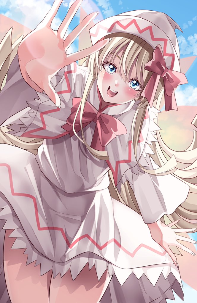 1girl blonde_hair blue_eyes blush bow breasts dress fairy_wings frilled_dress frills hair_between_eyes happy hat hat_bow lily_white long_sleeves looking_at_viewer maboroshi_mochi red_bow sash sidelocks small_breasts solo thighs touhou upper_teeth white_sleeves wide_sleeves wings