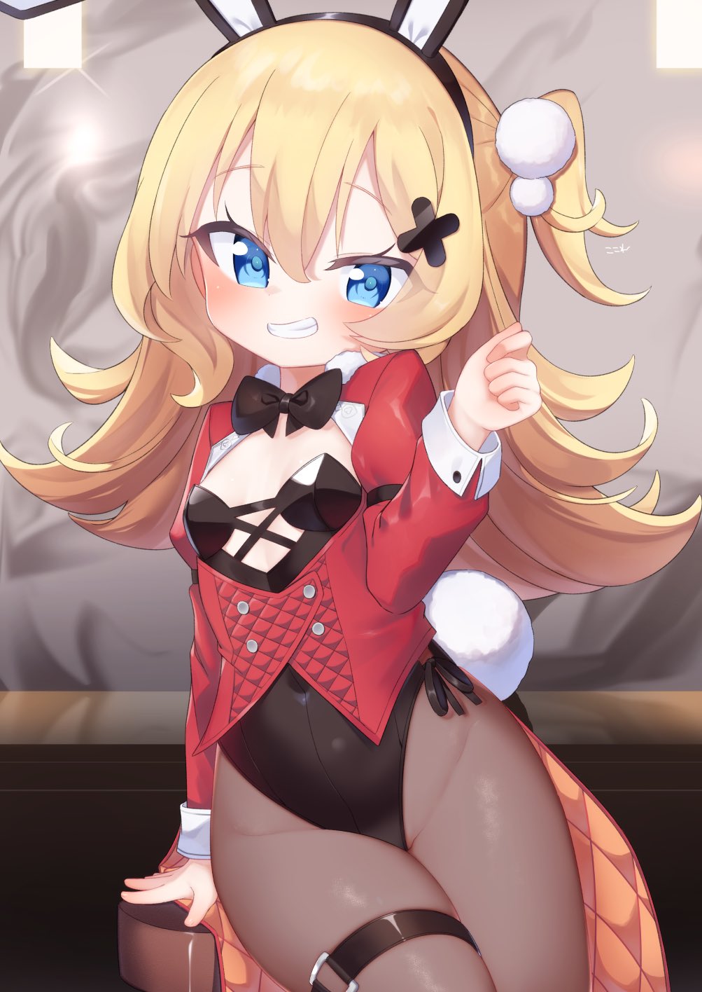 1girl abercrombie_(azur_lane) abercrombie_(mischief_on_the_rocks)_(azur_lane) animal_ears azur_lane bangs black_hairband black_leotard blonde_hair blue_eyes blush breasts brown_legwear commentary_request eyebrows_visible_through_hair grin groin hair_between_eyes hair_ornament hairband hand_up highres jacket juliet_sleeves kokone_(coconeeeco) leotard long_sleeves looking_at_viewer one_side_up pantyhose playboy_bunny puffy_sleeves rabbit_ears rabbit_tail red_jacket small_breasts smile solo stool strapless strapless_leotard tail x_hair_ornament