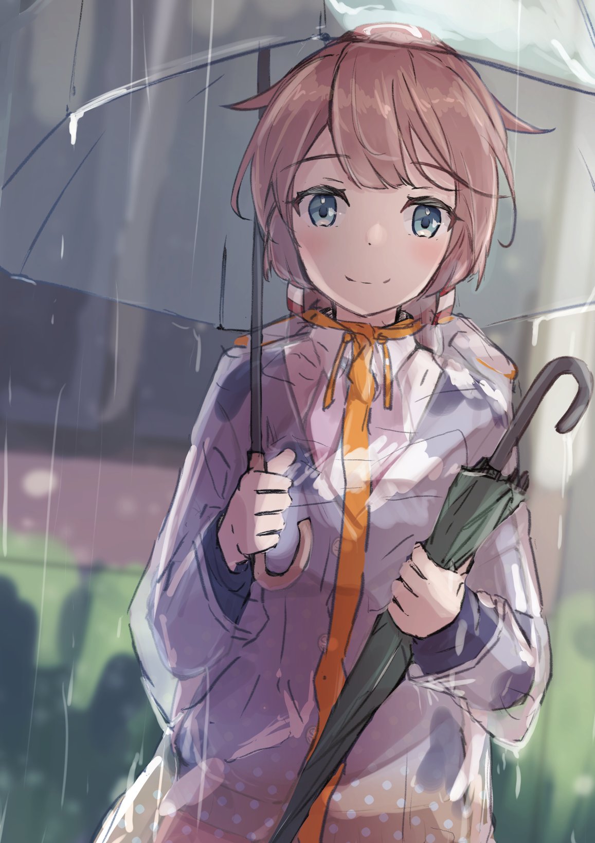 1girl alternate_costume aruka brown_hair commentary_request cowboy_shot grey_eyes grey_sweater hair_ribbon highres holding holding_umbrella kantai_collection kazagumo_(kancolle) long_hair looking_at_viewer polka_dot_skirt ponytail rain raincoat ribbon see-through solo sweater transparent transparent_umbrella umbrella