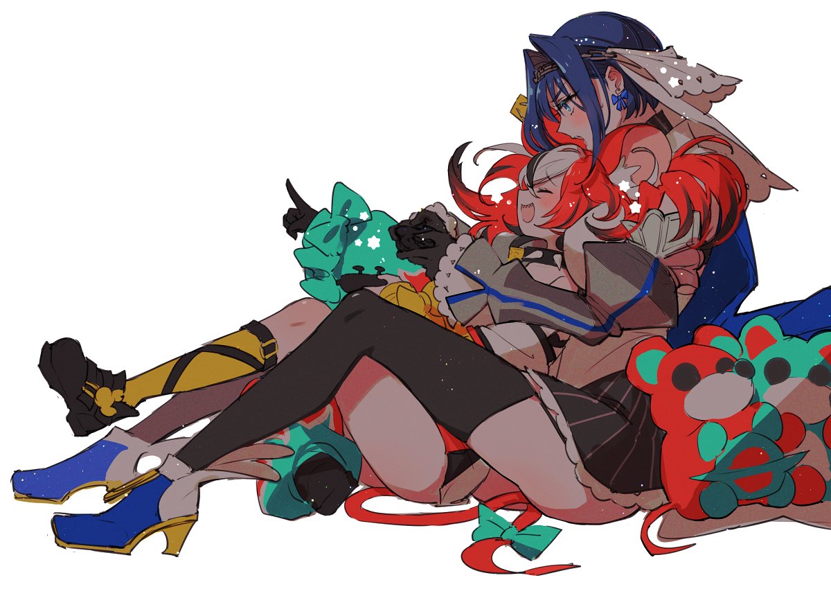 2girls animal_ears blue_eyes blue_hair blush bow bow_earrings chain closed_eyes controller earrings eyebrows_visible_through_hair hair_between_eyes hakos_baelz high_heels holding holding_controller hololive hololive_english jewelry mamaloni mouse_ears mouse_girl mouse_tail multiple_girls open_mouth ouro_kronii redhead sharp_teeth short_hair simple_background sitting tail teeth thigh-highs white_background
