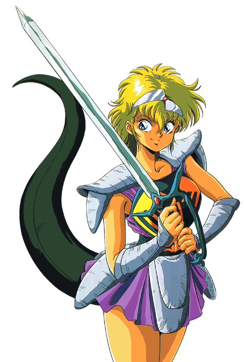 1girl armor bangs blonde_hair blue_eyes cowboy_shot feet_out_of_frame fraud headpiece holding holding_sword holding_weapon looking_at_viewer luna_de_rimsbel majuu_senshi_luna_varga miniskirt official_art pauldrons short_hair shoulder_armor simple_background skirt smile solo sword tail two-handed vambraces weapon white_background