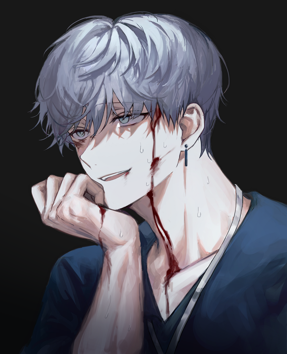 1boy black_background blood blood_in_mouth blood_on_face blue_shirt commission earrings half-closed_eyes highres injury jewelry kkxmxx male_focus open_mouth original shirt short_hair silver_hair simple_background smile solo teeth upper_body upper_teeth white_eyes