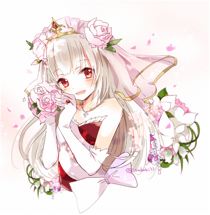 1girl bangs bare_shoulders blush bow dress elbow_gloves flower gloves hair_flower hair_ornament holding holding_flower itadaki31 jewelry long_hair looking_at_viewer loussier_ellerensia necklace petals pink_bow pink_flower red_eyes ring shironeko_project simple_background solo twitter_username upper_body veil white_background white_gloves