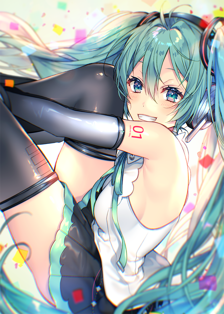 1girl armpit_peek bangs bare_shoulders black_legwear black_skirt black_sleeves blue_eyes collared_shirt commentary_request detached_sleeves eyebrows_visible_through_hair feet_out_of_frame green_hair grin hair_between_eyes hatsune_miku headphones legs_up long_hair long_sleeves looking_at_viewer looking_to_the_side pleated_skirt revision shiomizu_(swat) shirt skirt sleeveless sleeveless_shirt smile solo thigh-highs twintails very_long_hair vocaloid white_shirt