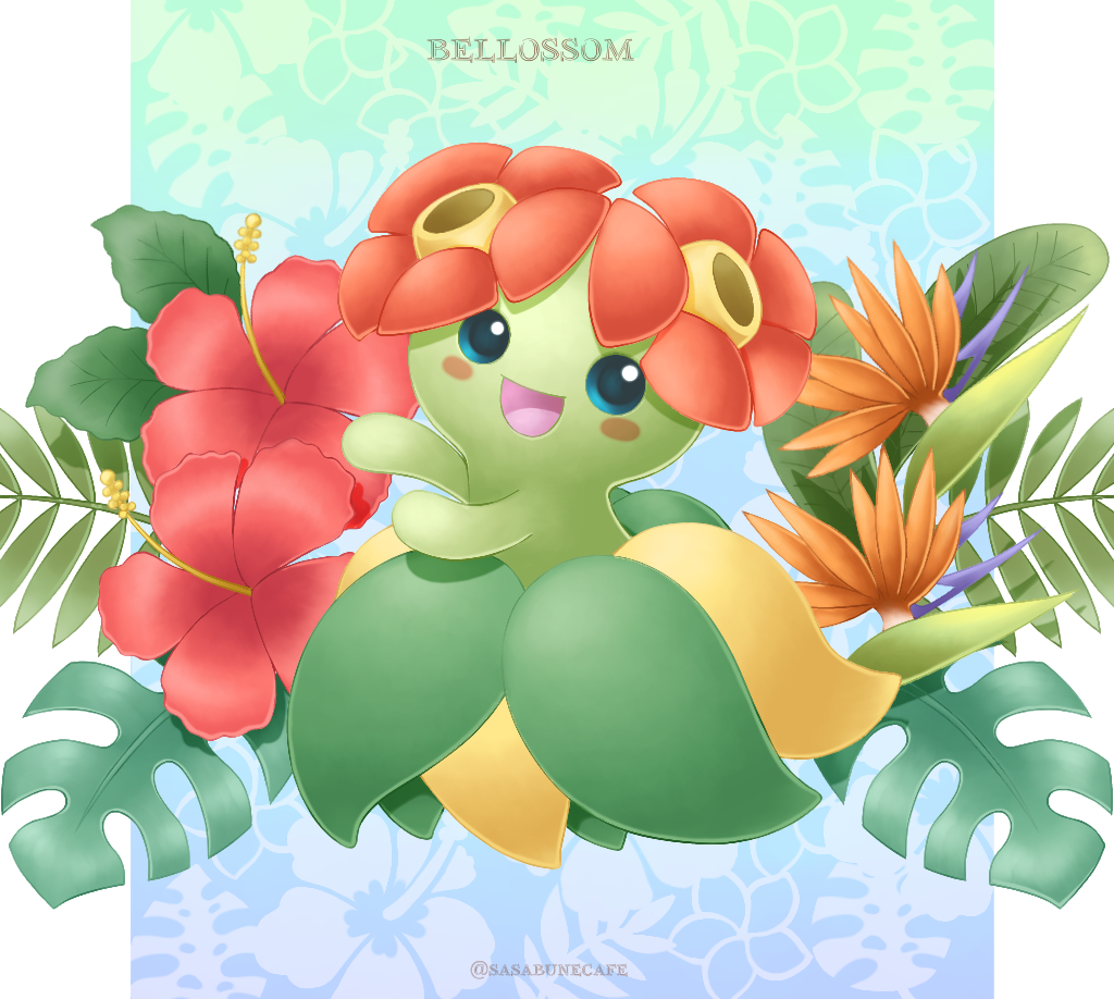 :d artist_name bellossom blue_eyes blush_stickers character_name commentary_request flower gen_2_pokemon leaf no_humans open_mouth pokemon pokemon_(creature) sasabunecafe smile solo tongue