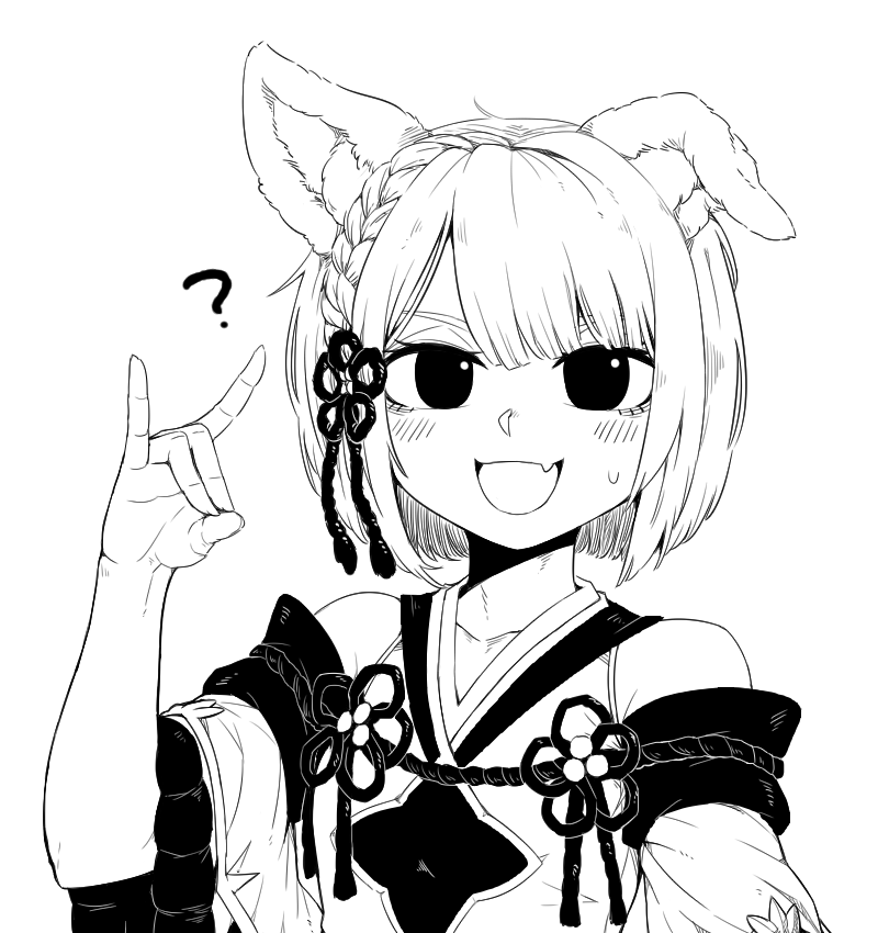 1girl animal_ears bare_shoulders braid detached_sleeves dog_ears erune fang formicid granblue_fantasy hair_ornament japanese_clothes looking_at_viewer monochrome open_mouth rope shimenawa short_hair simple_background solo vajra_(granblue_fantasy) white_background