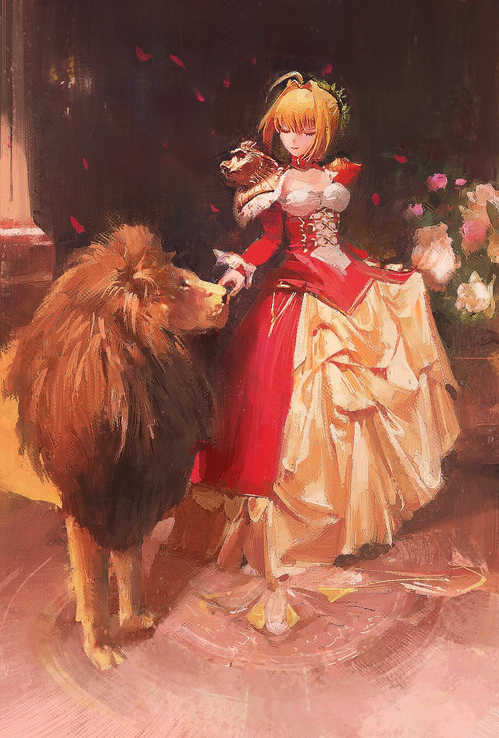 1girl ahoge bangs blonde_hair breasts butter_squid closed_eyes dress english_commentary fate_(series) flower hair_bun hair_intakes highres juliet_sleeves lion long_skirt long_sleeves medium_breasts nero_claudius_(fate) oil_painting_(medium) open_hand painting_(medium) puffy_sleeves red_dress skirt smile solo traditional_media white_flower yellow_skirt