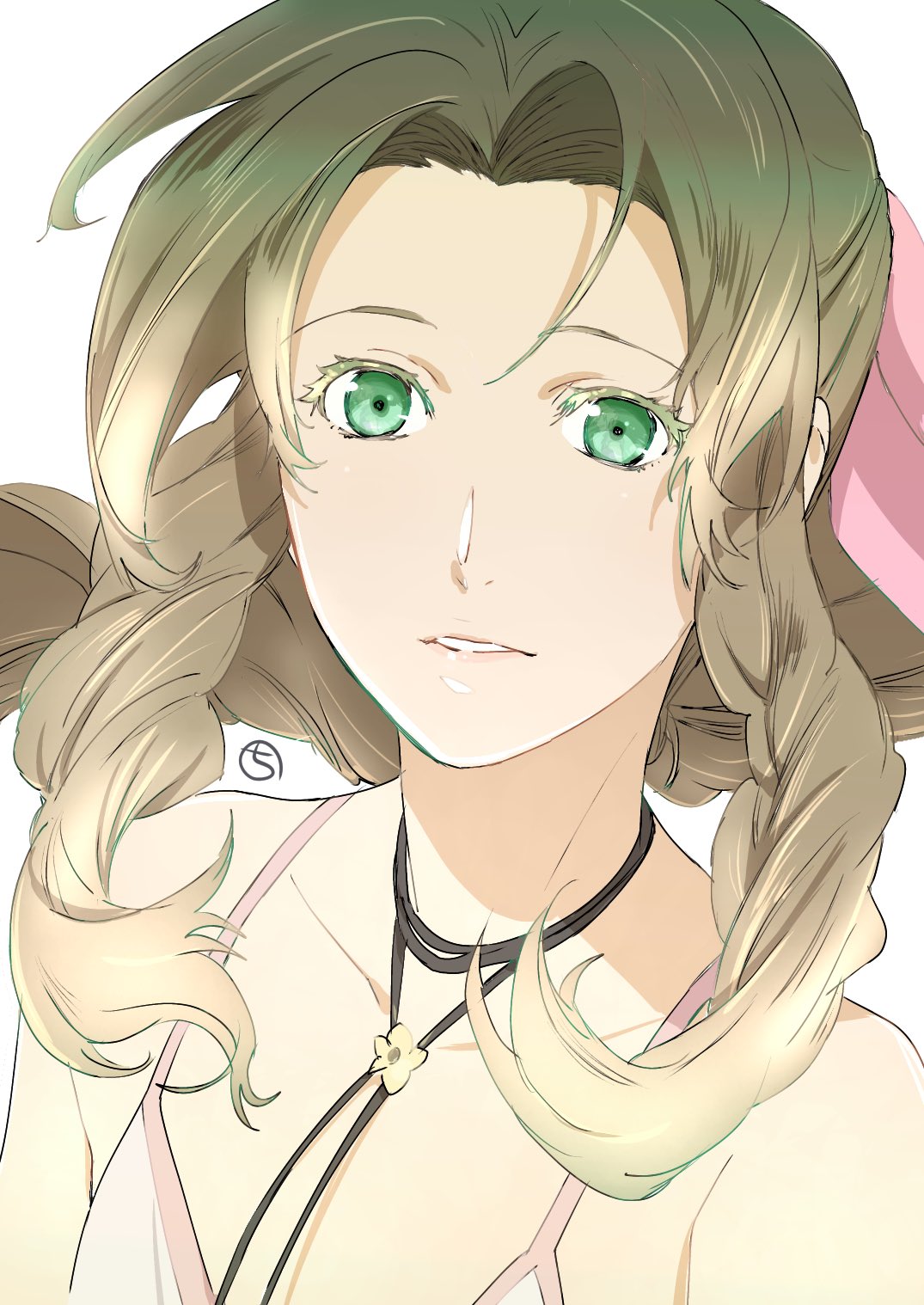 1girl aerith_gainsborough brown_hair collarbone final_fantasy final_fantasy_vii green_eyes hair_ribbon highres kobayashi_chizuru long_hair looking_at_viewer ribbon simple_background solo white_background