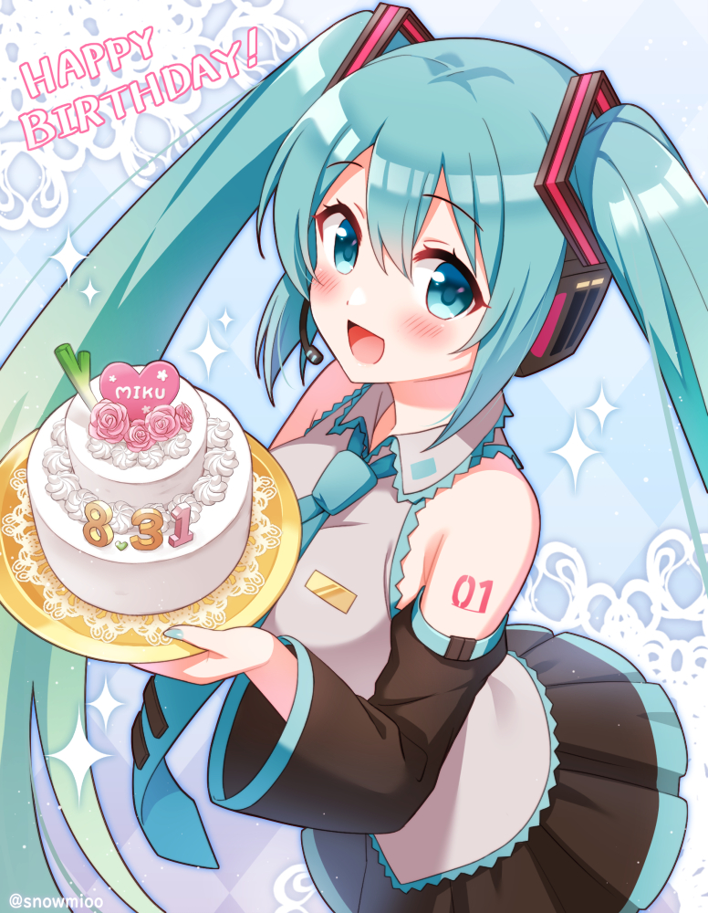 1girl :d aqua_hair argyle argyle_background bangs bare_shoulders black_skirt black_sleeves blue_eyes blue_neckwear blush cake character_name collared_shirt commentary_request dated detached_sleeves eyebrows_visible_through_hair food grey_shirt hair_between_eyes happy_birthday hatsune_miku headphones headset heart holding holding_plate long_hair long_sleeves looking_at_viewer necktie open_mouth plate pleated_skirt shirt skirt sleeveless sleeveless_shirt smile snowmi solo sparkle spring_onion tie_clip twintails very_long_hair vocaloid wide_sleeves