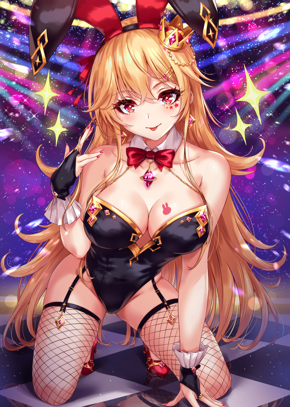 1girl :p all_fours animal_ears bare_arms bare_shoulders blonde_hair blush bre breasts closed_mouth collarbone covered_navel fishnet_legwear fishnets garter_straps hairband high_heels highleg highleg_leotard highres large_breasts leotard long_hair nail_polish original playboy_bunny rabbit_ears red_eyes red_nails sakiyamama solo thigh-highs tongue tongue_out
