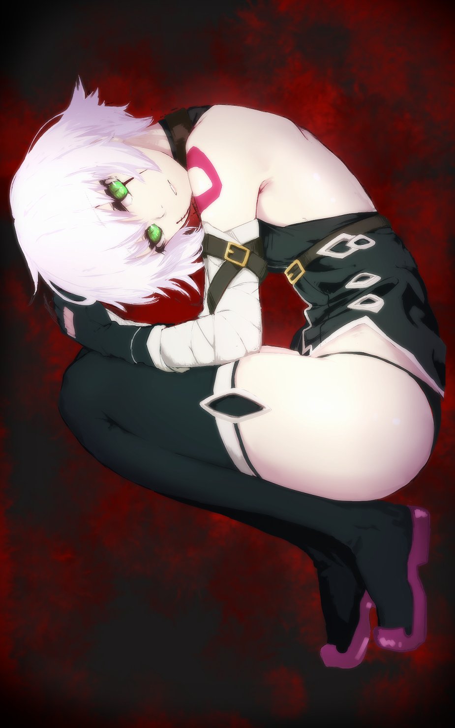 1girl arm_belt armpit_crease bandaged_arm bandages bare_shoulders belt black_belt black_gloves black_legwear black_panties black_vest breasts buckle commentary_request fate/apocrypha fate_(series) fetal_position from_side gloves green_eyes highres jack_the_ripper_(fate/apocrypha) looking_at_viewer looking_to_the_side lying on_side panties parted_lips purple_footwear red_background scar scar_across_eye scar_on_face short_hair shoulder_tattoo slit_pupils small_breasts solo tattoo terimayo thigh-highs underwear vest white_hair